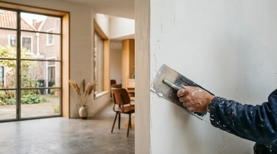 Stukadoor van Stuqora strijkt een wand glad met een spaan